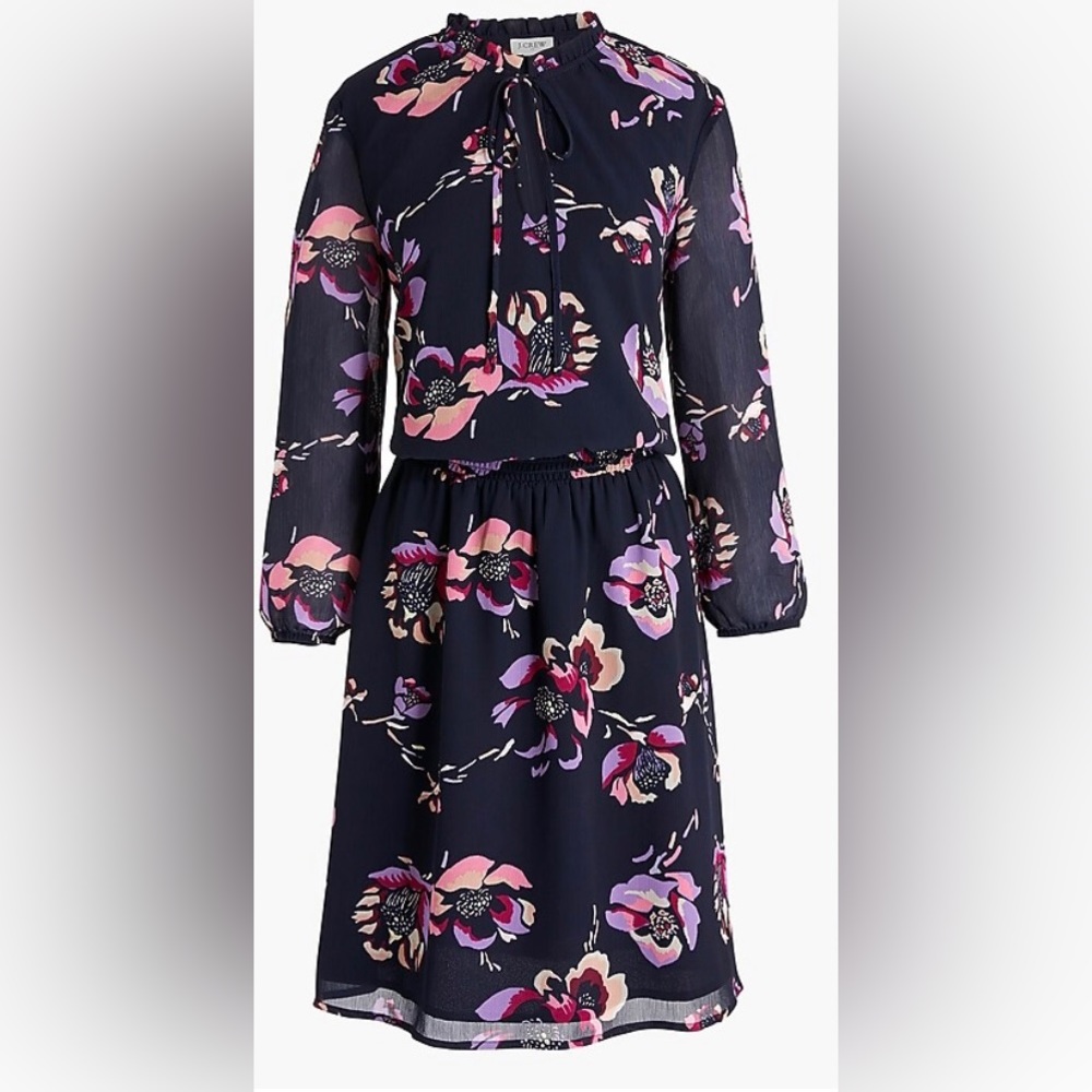 J. Crew Floral Smocked Waist Dress Womens Size S Navy Blue A Line Midi